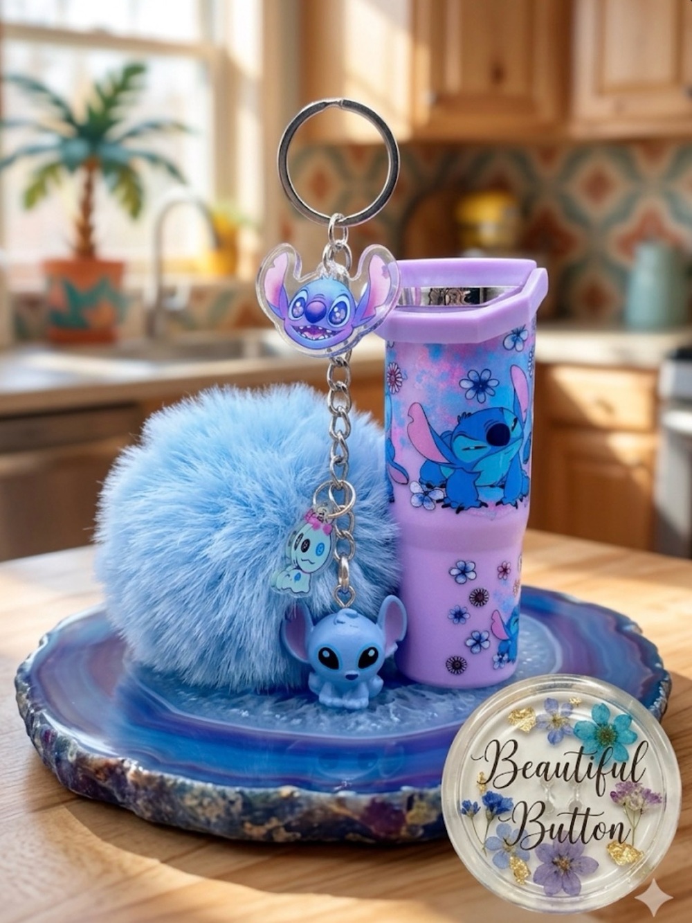 Custom Junk keychain 
Stitch Purple Mini Tumbler Keychain Set with Blue Pom Pom